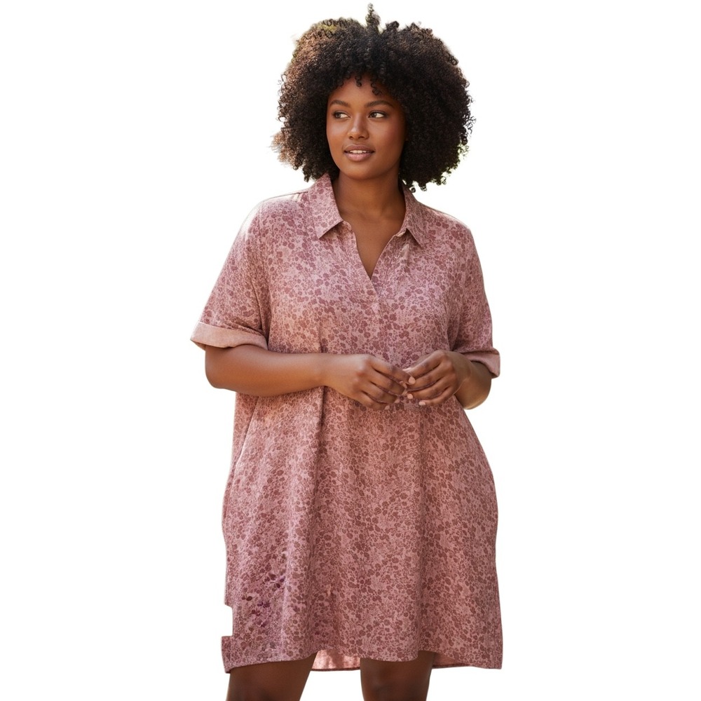 Amana Womens Plus Size 1X Floral Shift Dress Dusty Rose Pink Short Sleeve Pocket